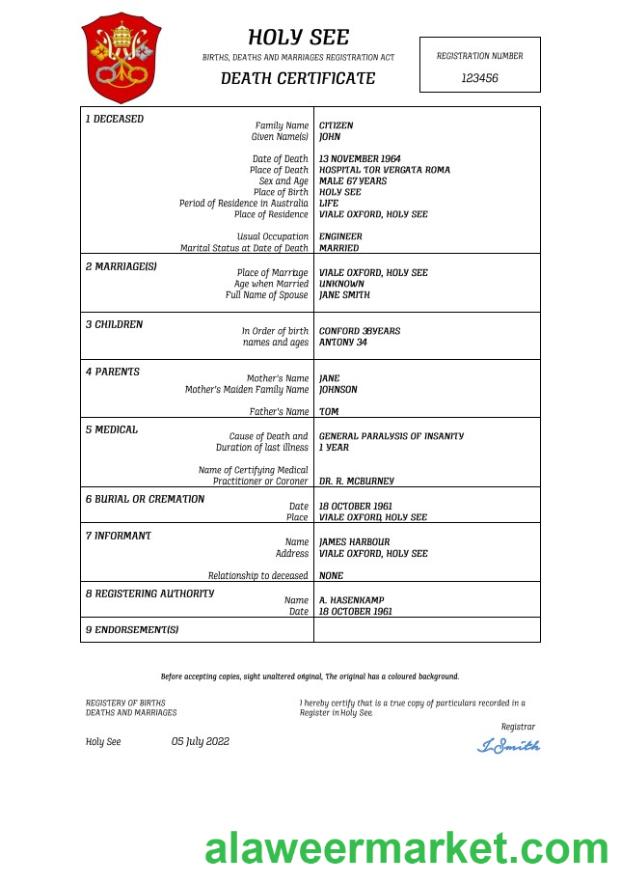 Holy See vital record death certificate Word and PDF template